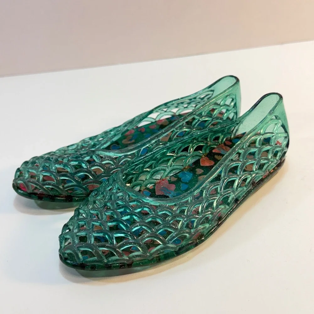 Green Glitter‎ Jelly Shoes Girls Size 11 Teal Woven Flats Y2K Vintage